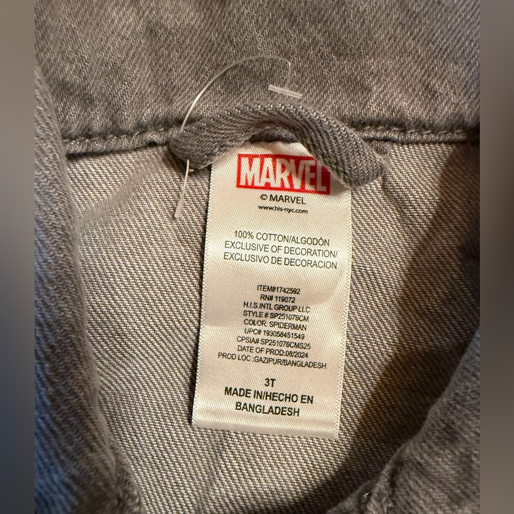 NWT Marvel Spider Man Jean Jacket Gray Denim Coat Logo Print Kids Boys Size 3T - Picture 2 of 4